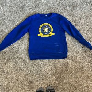 Blue sweatshirt with the school Midtown School of Science and Technology logo.